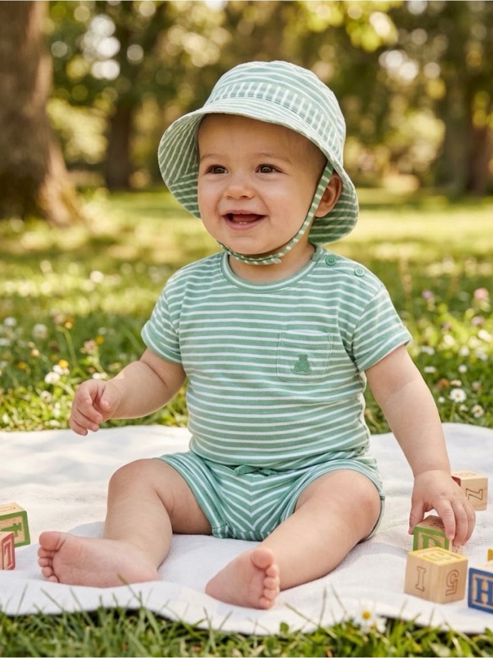 Baby Gap Green and White Striped Kids Matching Set with Hat